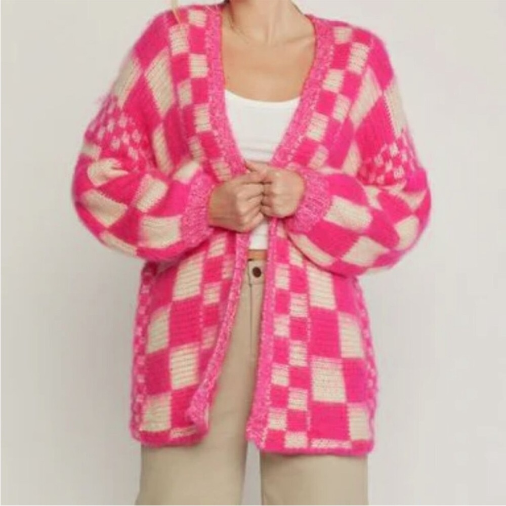 Pink Lily Oversized Cardigan pink checkered pattern Sz S-M
